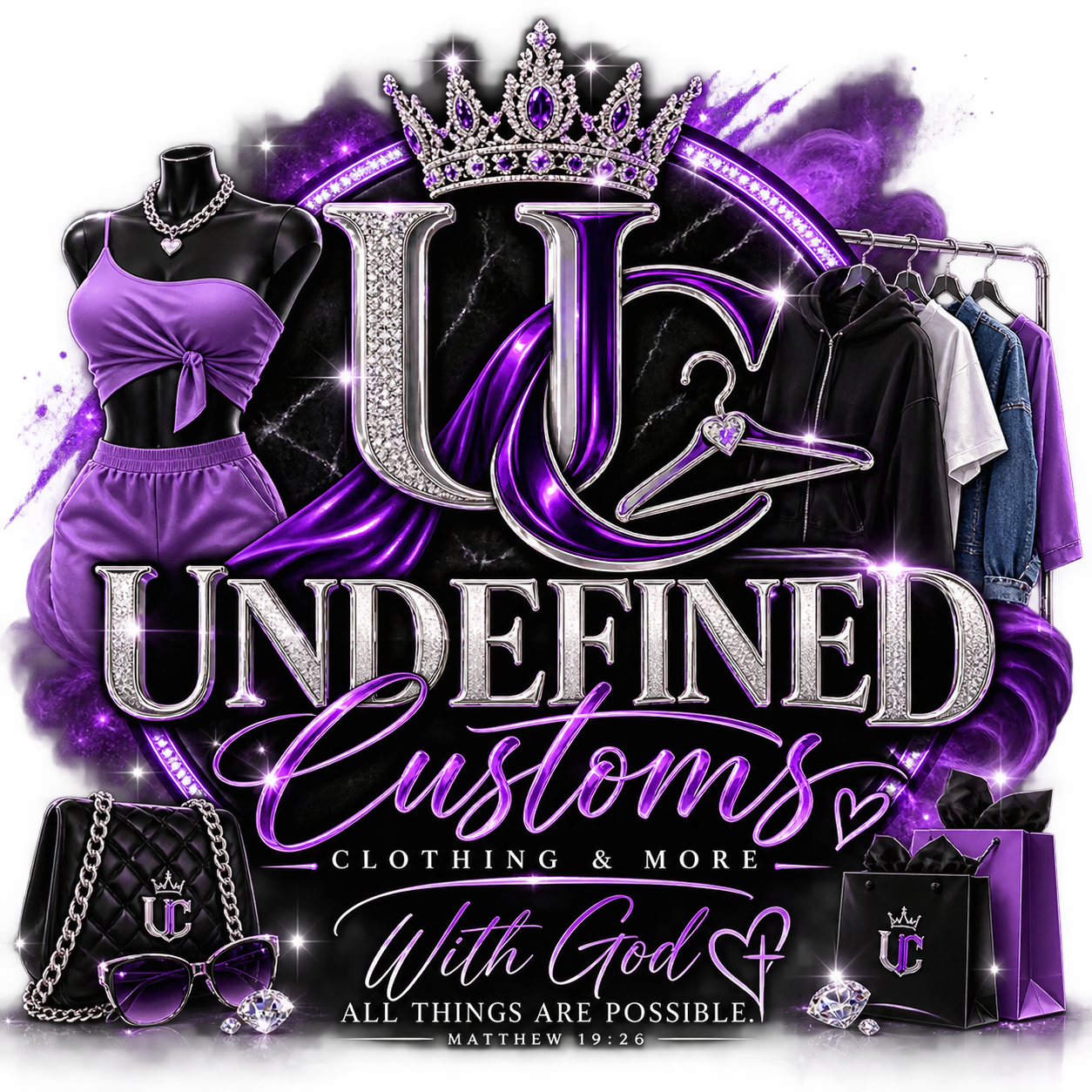 Undefined Customs Clothing & More logo — a jeweled crown over a silver UC monogram, with the motto With God All Things Are Possible, Matthew 19:26
